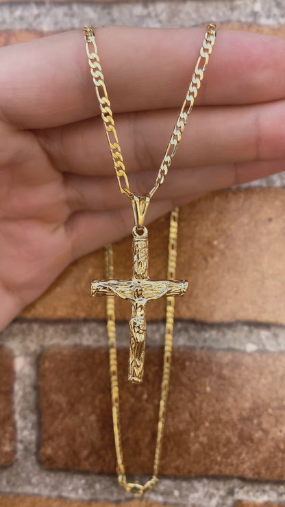 14K Gold Filled Rustic Cross Necklace for Mens Womens Figaro Chain 2.5mm Elegant
