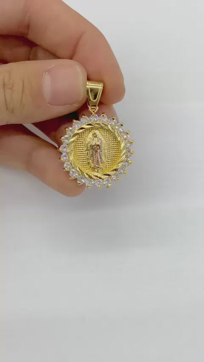 Virgen de Guadalupe Necklace Pendant in 14K Gold Filled for Womens Mens CZ 24" 30x28mm