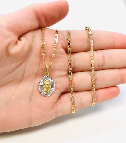 14K Gold Filled Virgen de Guadalupe Diamond Cut Valentino Chain 18" for Womens Gift