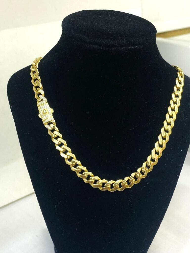 Real 14K Yellow Gold Monaco chain 6.8mm Cuban Necklace CZ Mens Womens Chocker 16.4g 18"