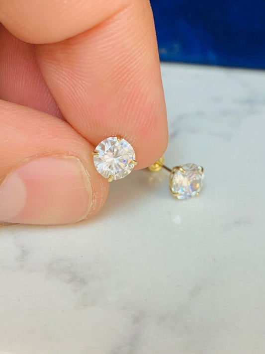 10K Solid Yellow Gold Round Solitaire Cubic Zirconia Screw Back Stud Earring 6mm