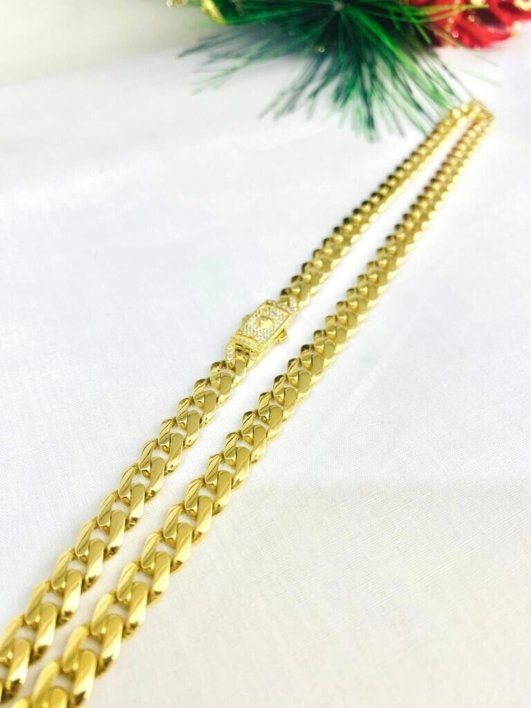 Real 14K Yellow Gold Monaco chain 6.8mm Cuban Necklace CZ Mens Womens Chocker 16.4g 18"