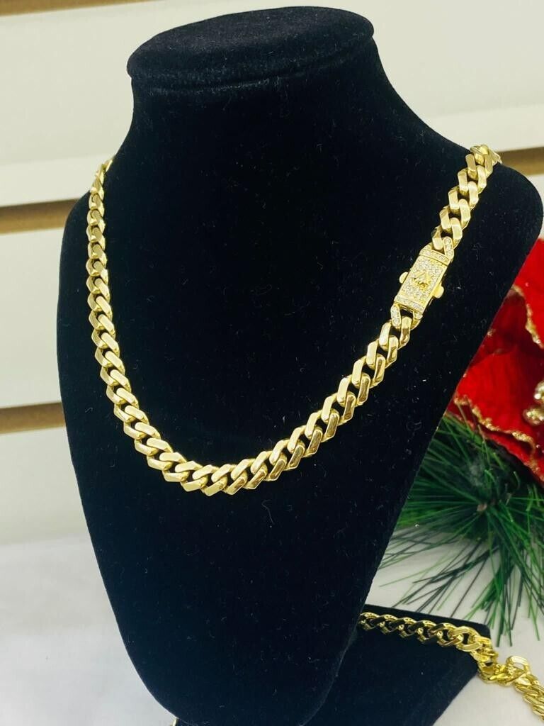 Real 14K Yellow Gold Monaco chain 6.8mm Cuban Necklace CZ Mens Womens Chocker 16.4g 18"