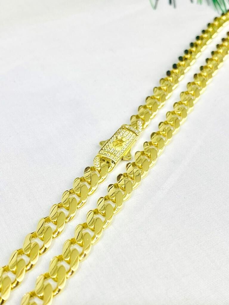 Real 14K Yellow Gold Monaco chain 6.8mm Cuban Necklace CZ Mens Womens Chocker 16.4g 18"