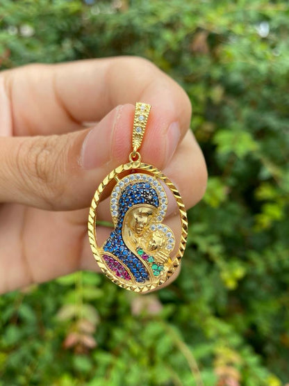 14K Gold Filled Virgin Mary with Jesus Necklace Charm Pendant Womens Mens Religious 31x22