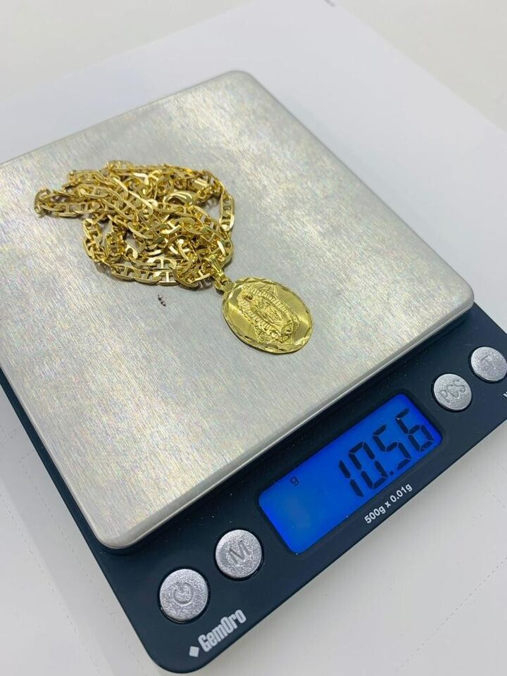 Yellow Gold Filled Virgen de Guadalupe Necklace Charm Mariner Chain 24" Mens Womens