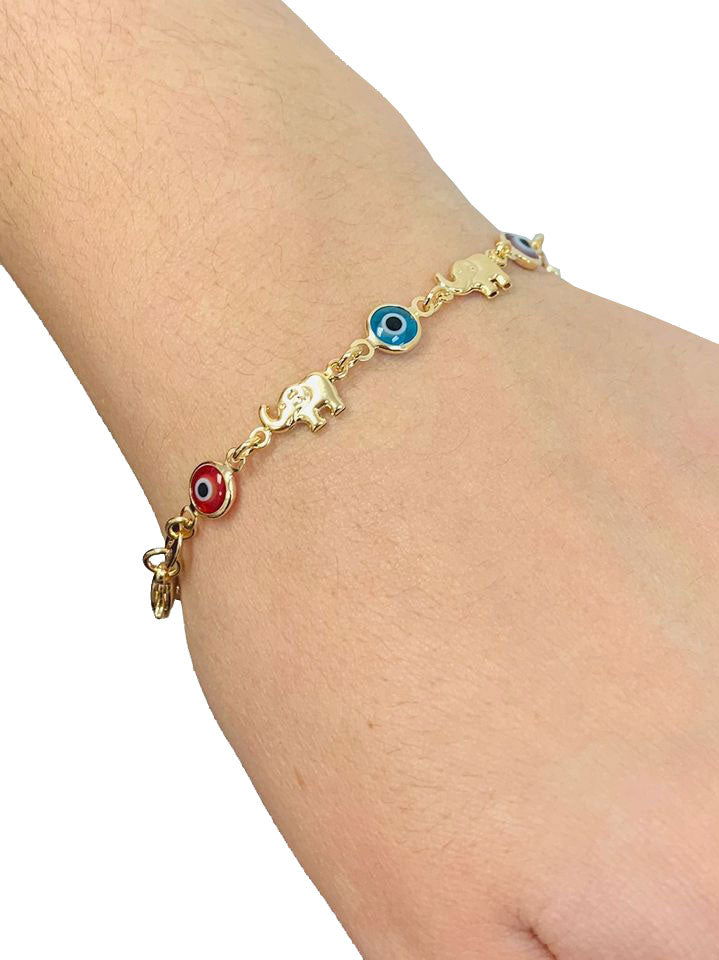 Evil Eye Women's Bracelet 14K Gold Filled / Elephant Bracelet / Evil Eye Bracelet 7.5" / Pulsera Para Mujer Mal de Ojo / Pulsera de Elefante en Oro Laminado / Evil Eye Jewelry / Animals Bracelet