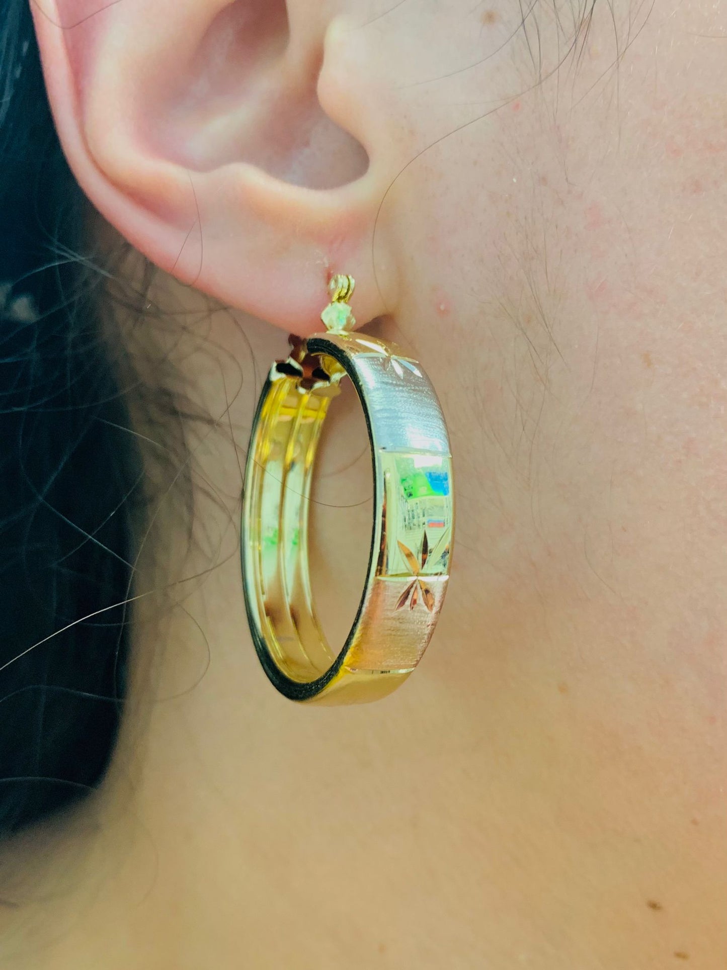 18K Gold Filled Tri Color Hoop Earrings 1.3x1.2" For Womens