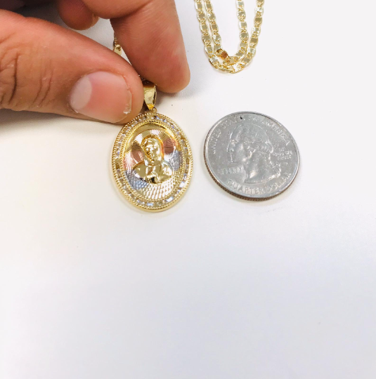 14K Gold Filled Virgin Mary Necklace Set 20", Tri-Color Pendant With CZ Diamond 28x20mm / Everyday Necklace/ Virgen Mary Pendant / Dije de la Virgen Maria