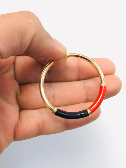 Azabache Hoop Earrings, 14K Gold Filled Hoop Earrings, Gold Black And Red Hoops Earrings for Womens / Argollas Arracadas de Azabache Oro Laminado