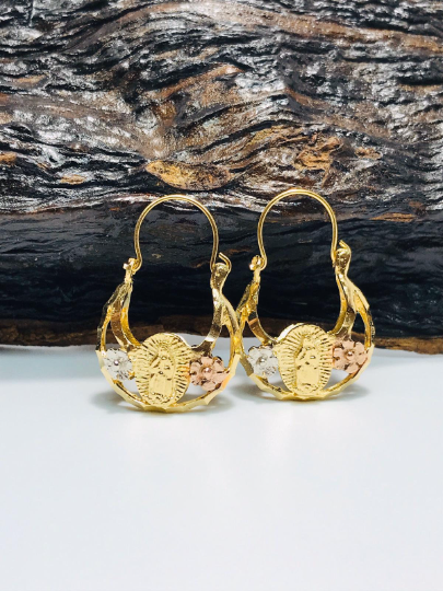 14K Gold Filled Our Lady of Guadalupe Hoop Basket Earrings 3 Color / Argollas de la Virgen de Guadalupe En Oro Laminado / Christmas Gift / Valentines Day Gift