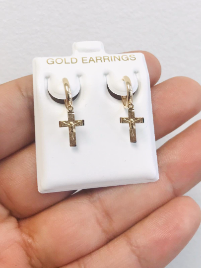 Cross Dangling Earrings / 10K Yellow Gold Jesus Cross Dangling Earrings