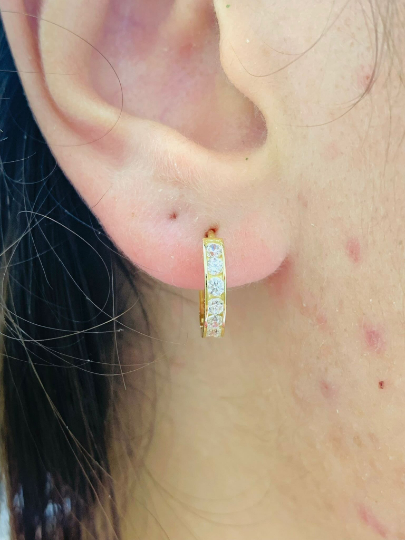 Set Double Earrings Huggies Stud Earrings Push Back 14x14 Hoop CZ Stud Earrings 6x6 10K Yellow Gold CZ Earrings for Womens Everyday Jewelry