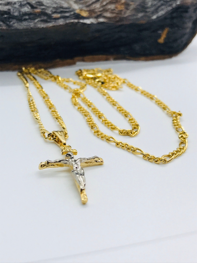 Figaro Link Cross Necklace For Men or Women Gold Filled 33x18mm in Gold  Filled / Crucifix Necklace for Mens Womens / Cadena con Dije de Cruz Oro