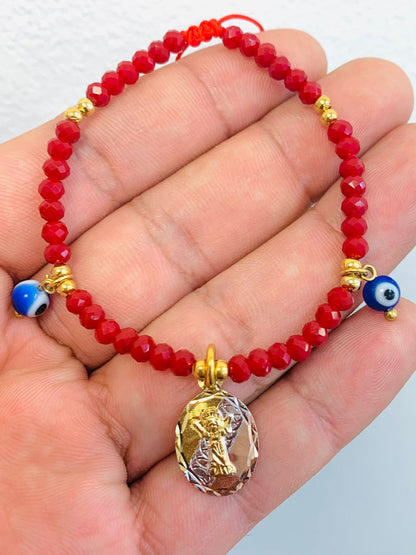 18K Gold Filled Divino Niño Bracelet for Kids Womens Ladies Boys Good Luck & Protection Jewelry Red Beads / Pulsera del Divino Niño en Oro Laminado Para Mujer y Niños para Buena Suerte