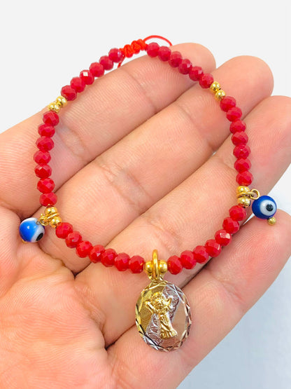 18K Gold Filled Divino Niño Bracelet for Kids Womens Ladies Boys Good Luck & Protection Jewelry Red Beads / Pulsera del Divino Niño en Oro Laminado Para Mujer y Niños para Buena Suerte