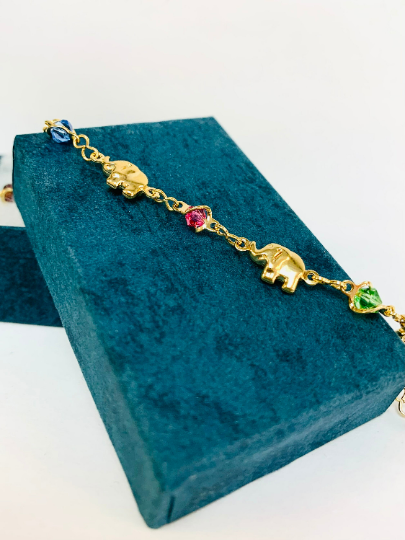 Women's Elephant Bracelet with Yellow Beads 7.5" 3.5g / Elephants Bracelet Gold Filled / Pulsera de Elefante para Mujer de Oro Laminado