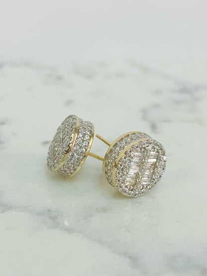 Baguette Round CZ Stones Earrings ● 14K Gold Real Earrings ● Baguette Stud Earrings 10x10mm ● Mens Womens Earrings