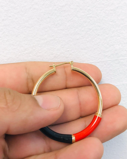 Azabache Hoop Earrings, 14K Gold Filled Hoop Earrings, Gold Black And Red Hoops Earrings for Womens / Argollas Arracadas de Azabache Oro Laminado