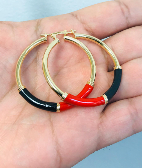 Azabache Hoop Earrings, 14K Gold Filled Hoop Earrings, Gold Black And Red Hoops Earrings for Womens / Argollas Arracadas de Azabache Oro Laminado