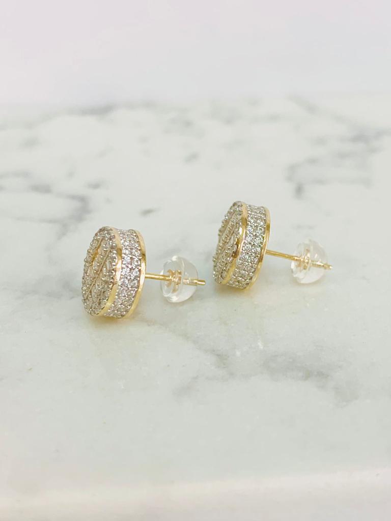 Baguette Round CZ Stones Earrings ● 14K Gold Real Earrings ● Baguette Stud Earrings 10x10mm ● Mens Womens Earrings