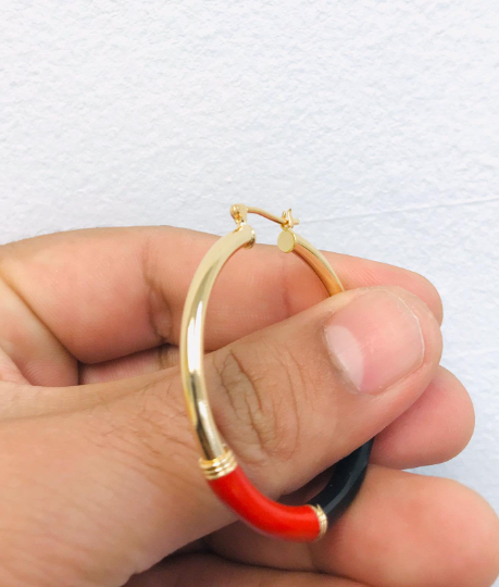 Azabache Hoop Earrings, 14K Gold Filled Hoop Earrings, Gold Black And Red Hoops Earrings for Womens / Argollas Arracadas de Azabache Oro Laminado