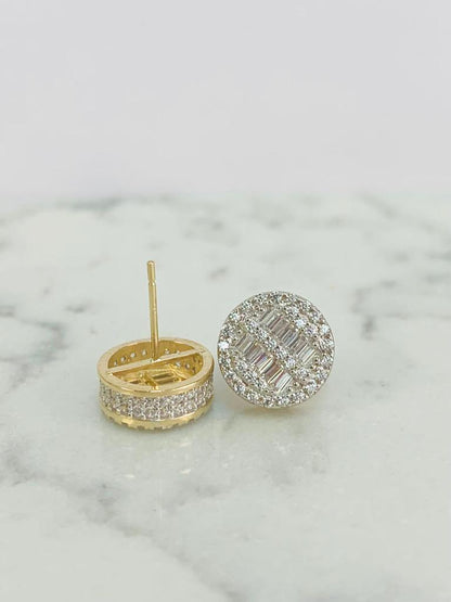 Baguette Round CZ Stones Earrings ● 14K Gold Real Earrings ● Baguette Stud Earrings 10x10mm ● Mens Womens Earrings