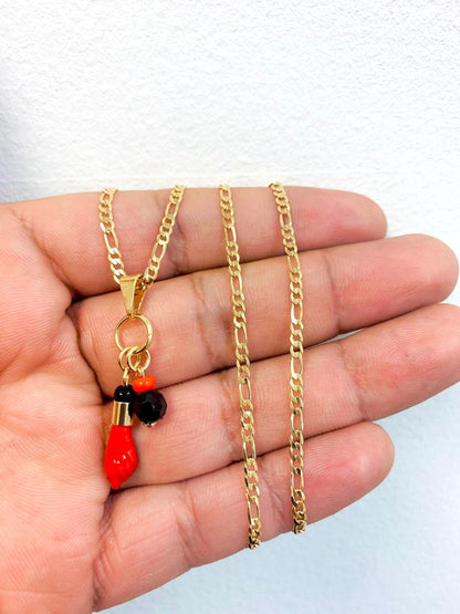 18K Gold Filled Black Bead Red Azabache Necklace Figaro Chain 20" for Womens Good Luck & protection Jewelry / Cadena Figaro Link con Dije de Azabache para la Proteccion