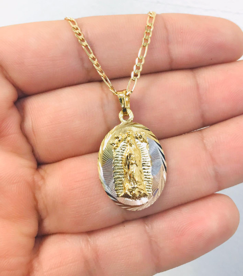 18K Gold Filled Virgen de Guadalupe Necklace Pendant 26x18mm 20"