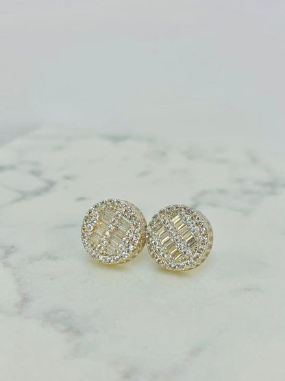 Baguette Round CZ Stones Earrings ● 14K Gold Real Earrings ● Baguette Stud Earrings 10x10mm ● Mens Womens Earrings