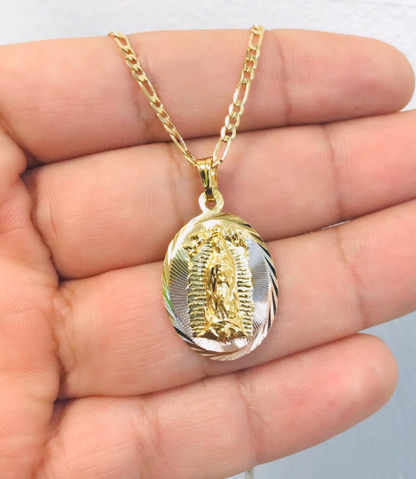 18K Gold Filled Virgen de Guadalupe Necklace Pendant 26x18mm 20"