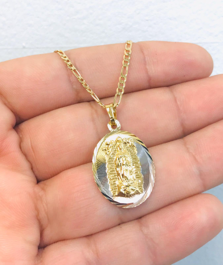 18K Gold Filled Virgen de Guadalupe Necklace Pendant 26x18mm 20"