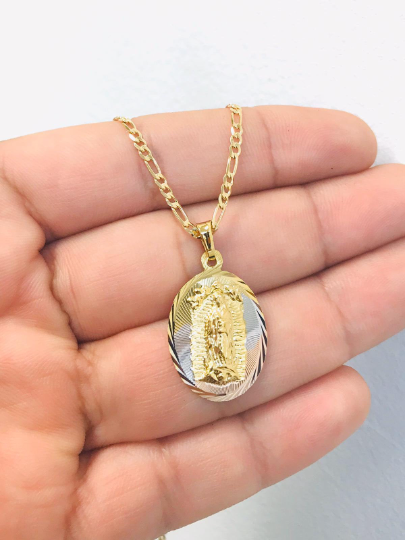 18K Gold Filled Virgen de Guadalupe Necklace Pendant 26x18mm 20"