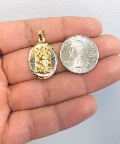 18K Gold Filled Virgen de Guadalupe Necklace Pendant 26x18mm 20"