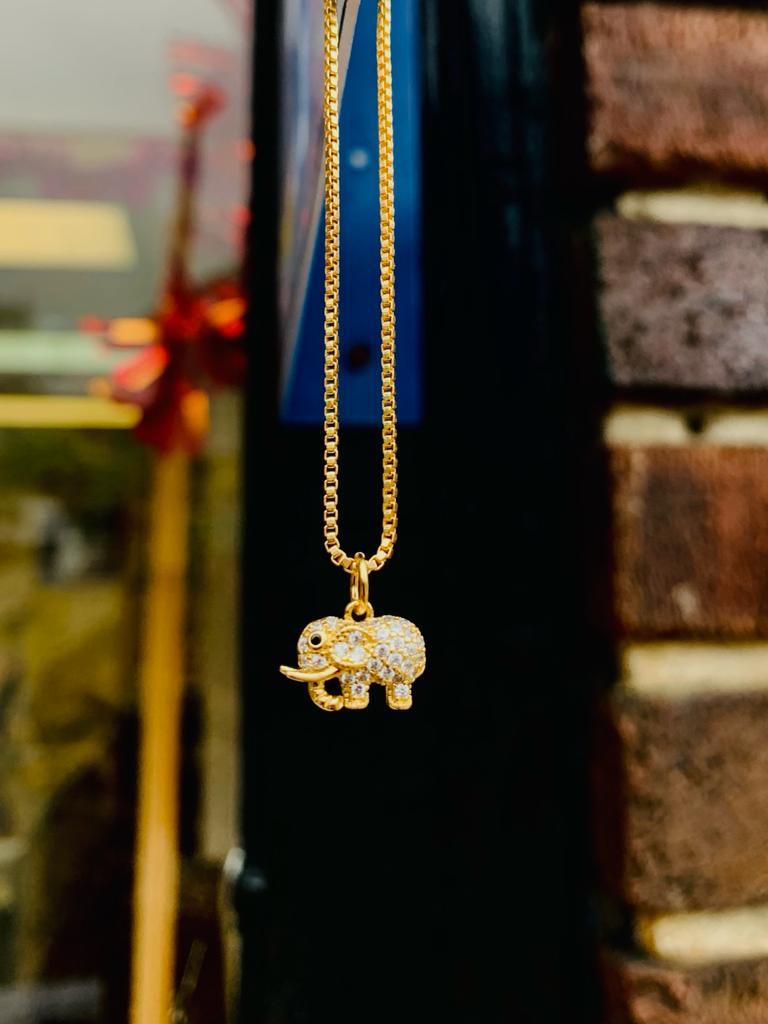 Everyday Box Link Chain Necklace with CZ Elephant Pendant 9x11mm in Gold Filled for Womens Girls Ladies - Cadena y Dije de Elefante Box Link