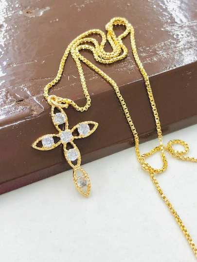 Women's CZ Cross Necklace Charm Pendant 27x18mm in Gold Filled Everyday Cross Necklace 18" Dainty Cross Pendant Box Link Chain Necklace