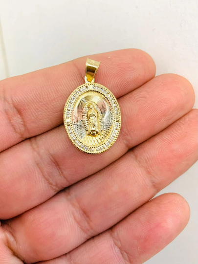 Virgen de Guadalupe Pendant With Stones Around and Diamond Cut Tri-Color Beautifully Made Looks Like Real Gold 24x18mm Medalla de Guadalupe