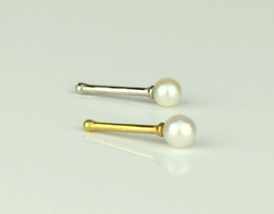 14K Yellow or White Gold Pearl Nose Bone Piercing, Genuine Pearl Nose Studs Ring / Gold Nose Piercing Pearl / Aretes para La Nariz en Oro Real con Perla