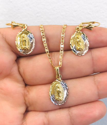 14K Gold Filled Necklace Set Virgen de Guadalupe Earrings 20x13mm / Guadalupe Necklace Pendant / Cadena y Dije de Guadalupe