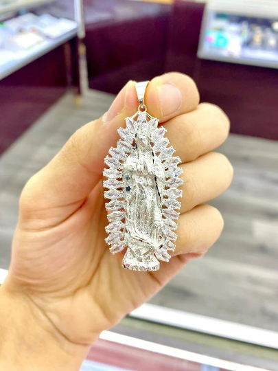 Virgen de Guadalupe Pendant CZ Sterling Silver Medalla de la Guadalupe Mens Womens Pendant