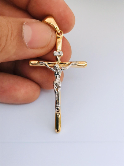 14K Gold Filled Mens Cross Pendant, Crucifix Pendants, Religious Pendant 48x28mm Rustic Cross Pendant for Gift / Dije de Cruz Oro Laminado para Hombre