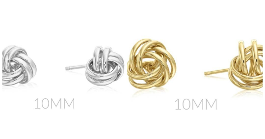 14K Yellow/White Gold, Stud Earrings Push Back 10MM, Polished Love Knot