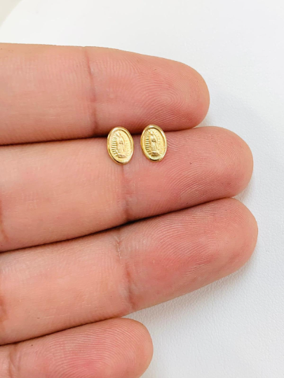 14K Yellow Solid Gold Virgen de Guadalupe Baby Kids Earrings 7x5mm