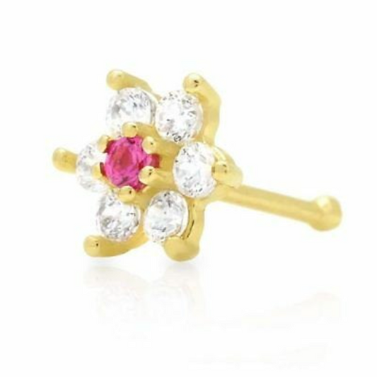 14k Yellow/White Gold Flower Nose Bone Ring Piercing Stud Ruby and Diamond CZ Stones / Aretes de la Nariz de Flor en Oro Real 14K Para Mujer Zirconia Cubica