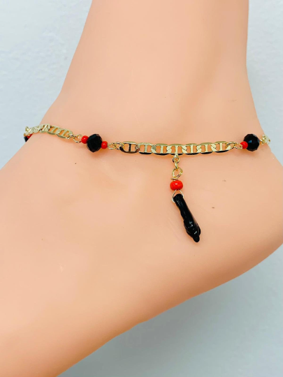 18K Gold Filled Azabache Hand Mariner Link Anklet Bracelet 10" Protection Jewelry / Azabache Bracelet / Anklets / Pulsera de Pie Para Mujer Oro Laminado / Tobilleras