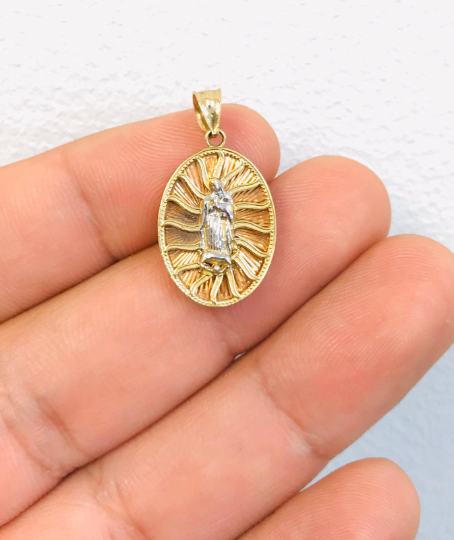 14K Real Gold Diamond Cut Virgen de Guadalupe Pendant 22x15mm