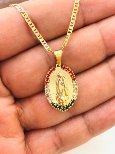 Virgen de Guadalupe Necklace for Womens CZ Mexican Flag Stones 25x15m/ Guadalupe Jewelry / Cadena de la Guadalupe en Oro Laminado Mujer