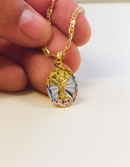 18K Gold Filled Tri-Color Divino Niño Necklace Catholic Pendant 20x13mm / Baby Jesus Necklace for Kids Womens / Cadena y Dije del Divino Nino Oro Laminado