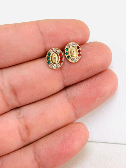 14K Yellow Gold Mexican Flag Virgen de Guadalupe Baby Earrings Screw Back 10x8mm