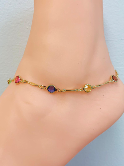 18K Gold Filled Beautiful New Stones Anklet Bracelet 10" With Extension 1.5" / Colorful Anklet / Anklet Bracelet / Tobillera de Pie Para Mujer / Pulsera de Pie Oro Laminado